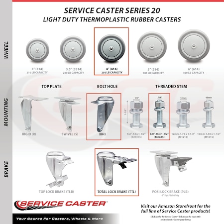 Service Caster 4 Inch Thermoplastic Rubber Swivel 3/8 Inch Stem Caster Total Lock Brake, 2PK SCC-TSTTL20S414-TPRB-381615-2-S-2